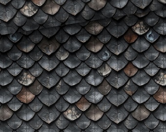 May include: A seamless pattern of overlapping, dark grey scales with a textured appearance. Some scales have brown and tan accents, creating a weathered look. The design evokes a reptilian or fantasy theme, suitable for various applications.