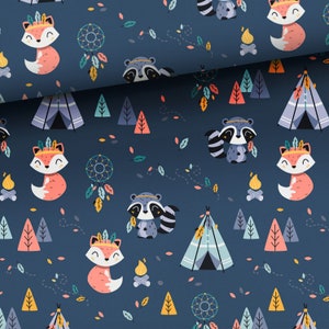 Boho Forest Animals Fabric by the half yard, Tribal Woodland Fabric, Boho Animals Premium Fabric, Raccoon Fox, Teepee, dream catchers