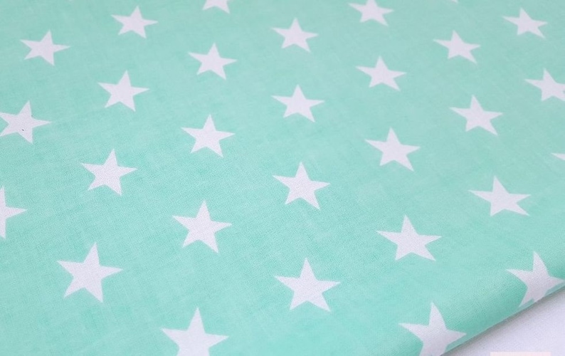 White stars cotton fabric, stars on mint background, stars fabric, mint and white fabric, 100% cotton, fabric by the yard 50x160cm/0.55 yd image 4