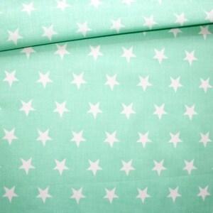White stars cotton fabric, stars on mint background, stars fabric, mint and white fabric, 100% cotton, fabric by the yard 50x160cm/0.55 yd image 2