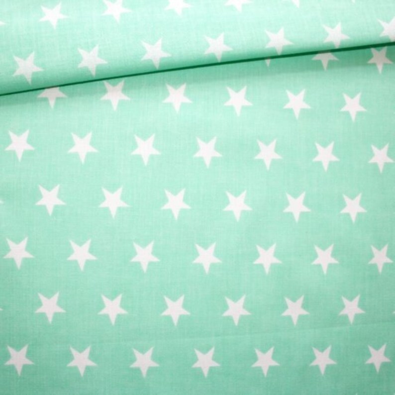 White stars cotton fabric, stars on mint background, stars fabric, mint and white fabric, 100% cotton, fabric by the yard 50x160cm/0.55 yd image 2