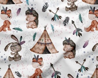 Boho Village, Boho Forest Animals Premium Cotton Fabric, Tribal Woodland Fabric, Boho Animals Fabric, Fox Teepee Shots Hedgehog Hare