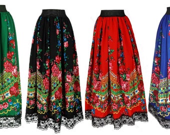 Traditional folk skirt, Polish folk highlander midi skirt, ethnic pleated floral skirt, gypsy skirt, russian slavic ukrainian style folk tie