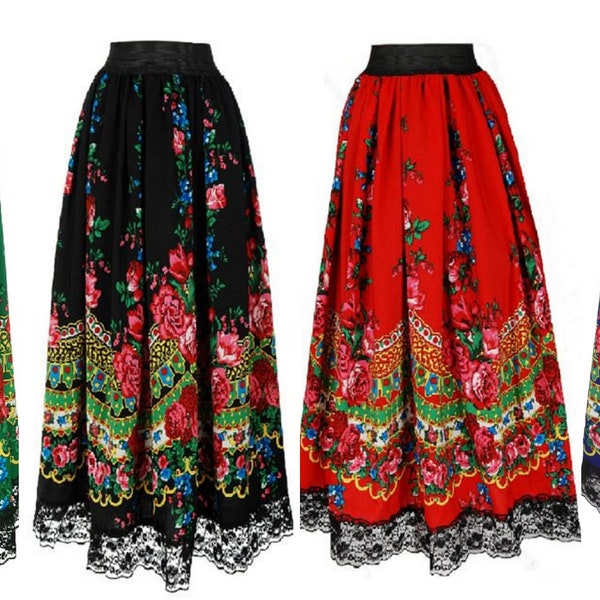 Traditionele folk rok, Poolse folk Highlander midi rok, etnische geplooide bloemenrok, Slavische rok, folk stropdas