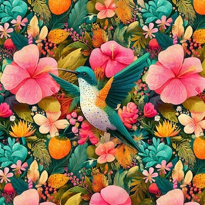 Può includere: Illustrazione colorata di un colibrì con ali turchesi e corpo bianco maculato, circondato da fiori di ibisco rosa, frutta arancione e lussureggiante fogliame verde. L'opera ha un tema tropicale.