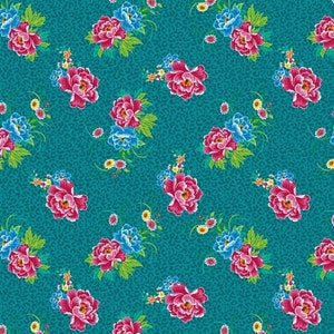 Tessuto floreale, fiori rosa su sfondo turchese, tessuto di cotone pregiato, giardino romantico, tessuto poema