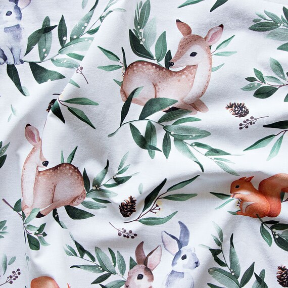 Tissu De Coton Premium Forest Animaux Sur Fond Blanc Foret Etsy