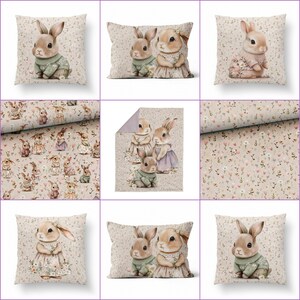 Pode incluir: Um conjunto de quatro almofadas decorativas com um padr&atilde;o floral e coelhos em v&aacute;rias poses. As almofadas s&atilde;o bege com um padr&atilde;o floral marrom claro e apresentam coelhos em v&aacute;rias poses, incluindo sentados, em p&eacute; e segurando flores. As almofadas s&atilde;o perfeitas para adicionar um toque de capricho e charme a qualquer c&ocirc;modo.