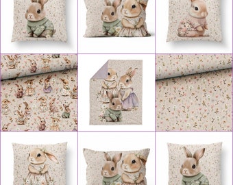 Bunny Fabric, Bunnies in flowers premium cotton, panels for sewing blankets, cotton panel sewing pillows, panels for bedding, fabric panels