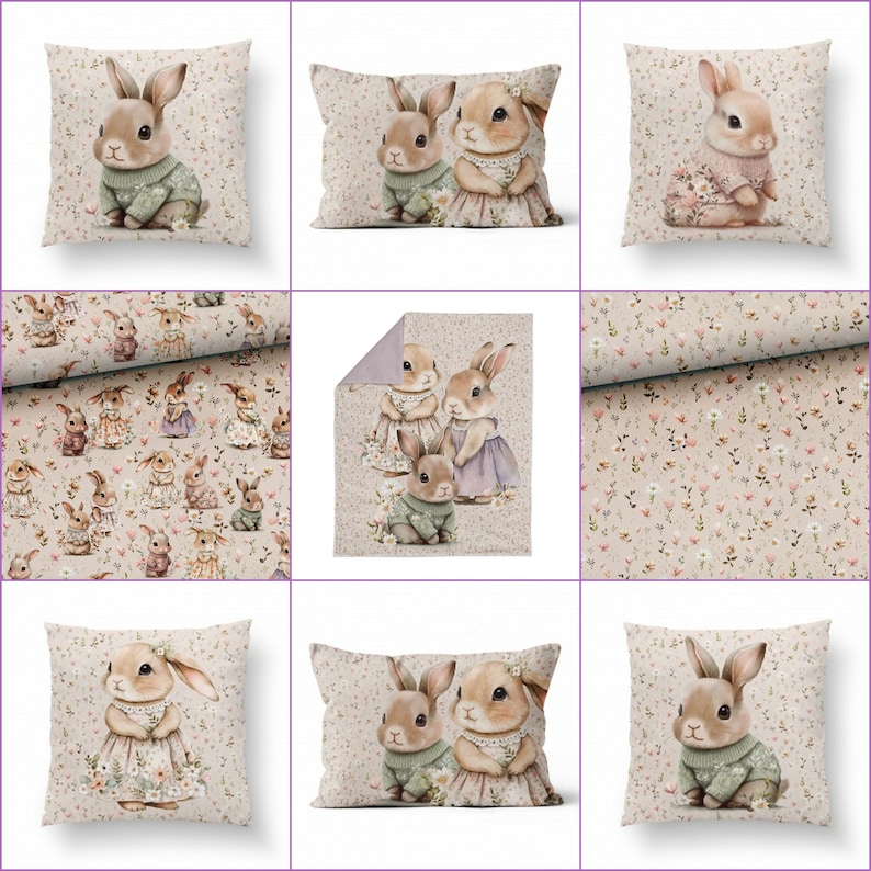 Pode incluir: Um conjunto de quatro almofadas decorativas com um padr&atilde;o floral e coelhos em v&aacute;rias poses. As almofadas s&atilde;o bege com um padr&atilde;o floral marrom claro e apresentam coelhos em v&aacute;rias poses, incluindo sentados, em p&eacute; e segurando flores. As almofadas s&atilde;o perfeitas para adicionar um toque de capricho e charme a qualquer c&ocirc;modo.