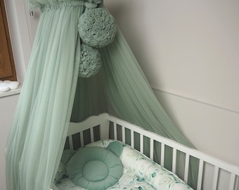 Dreamy Baby Baldachin, 2 Pompoms Garland, Metal handle, Baby Crib Canopy, Nursery Canopy, Bed Baldachin, Canopy Kids Room, Tulle canopy