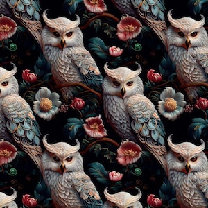 Tessuto impermeabile con gufo e fiori da 1 metro, poliestere Oxford impermeabile, tessuto floreale, uccelli e fiori, tessuto da giardino per esterni