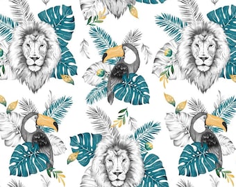 Reste 183 cm Lion et toucan Tissu coton Premium, tissu tropical, animaux sauvages, feuilles de monstera, feuilles tropicales, jungle