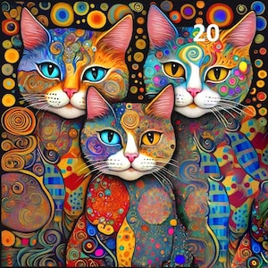 Op de afbeelding: Drie katten met levendige, veelkleurige vachtpatronen met wervelingen, stippen en geometrische vormen tegen een donkere achtergrond. De katten hebben heldere ogen in blauwe en gele tinten. Het getal 20 is zichtbaar in de rechterbovenhoek.