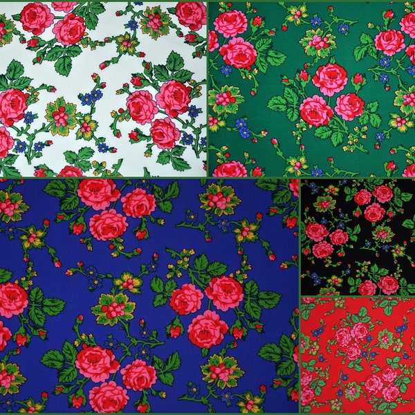 Tissu folklorique polonais, motif de fleurs montagnardes, folklore, motif folklorique montagnard, motif Cléo, motif floral, roses et feuilles grimpantes, tissu folklorique