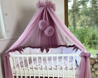 Dosel para bebé, Pompones, Estructura de metal, Dosel para cuna, Dosel para habitación de bebé, Dosel de tul