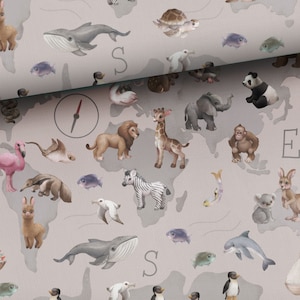 Weltkarte mit Tieren Premium Baumwollstoff, Tiere in der Welt, Weltkarte Stoff, Kontinente Stoff, Kinder Stoff , Digitaldruck