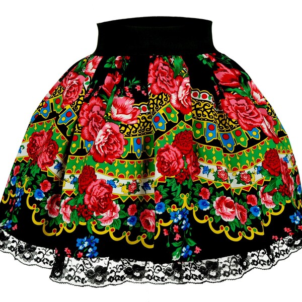 Falda folclórica tradicional, minifalda montañesa folclórica polaca, falda plisada floral étnica, falda gitana, estilo eslavo