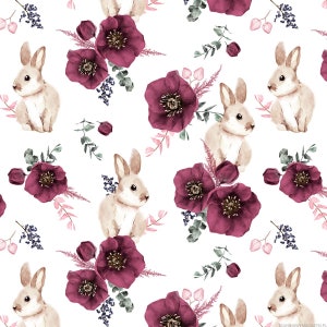 Lapins dans des coquelicots sur fond blanc, tissu en coton de qualité supérieure, lapins dans des coquelicots, tissu pour enfants, tissu floral printanier avec des coquelicots 50x155 cm