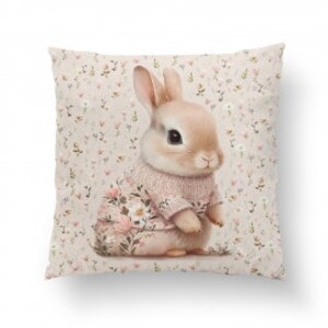 Pode incluir: Uma almofada quadrada de pel&uacute;cia com um coelho marrom claro vestindo um su&eacute;ter rosa com bordados florais. O fundo &eacute; bege claro com um pequeno padr&atilde;o floral.