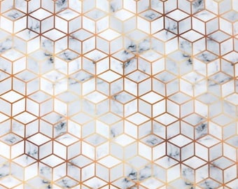 Gold white gray marble 3D Waterproof Fabric Impregnated, Gold cube, Gold marble 3D print, geometric fabric, Waterproof Polyester 50cm/0.55yd