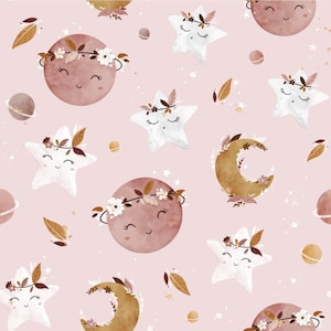 Tessuto di cotone premium nuvole Boho, tessuto per bambini per ragazze, tessuto boho, sole luna stellare, stampa digitale tagliata al metro