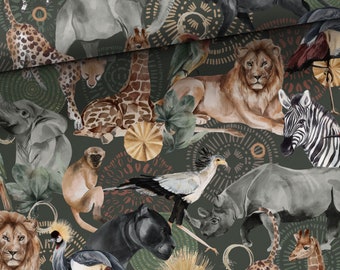 Dieren Safari Lusgebreide stof voor kinderen, Lusgebreide stof, Stretchgebreide stof, Wilde dieren savanne, digitaal printen