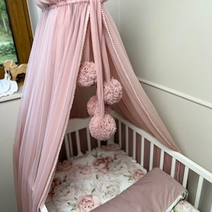 Canopy Bed, Baby Baldachin, 4 Pompoms Garland, Metal Handle, Baby Crib Canopy, Bed Baldachin, Crib Canopy for Kids Room, Tulle canopy Pastel/dirtypink set