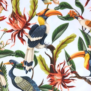 Exotische Blüten, Blätter und Vögel, Tukan Velour Stoff, Polstersamt, Tropischer Stoff, Samt, Velourpolsterung, Velvet, dekorativer Stoff