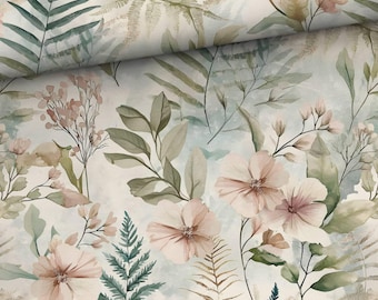 May include: A seamless fabric pattern featuring a watercolor design of delicate pink flowers and green ferns on a light beige background.