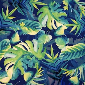 Monstera Leafs Waterproof Fabric Impregnated, palm leaves, tropical leaves on navy blue background, Waterproof Polyester 50cm/0.55yd