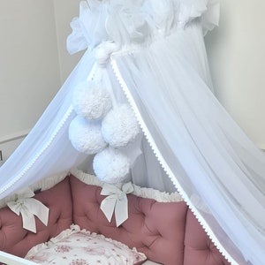 Canopy Bed, Baby Baldachin, 4 Pompoms Garland, Metal Handle, Baby Crib Canopy, Bed Baldachin, Crib Canopy for Kids Room, Tulle canopy White set