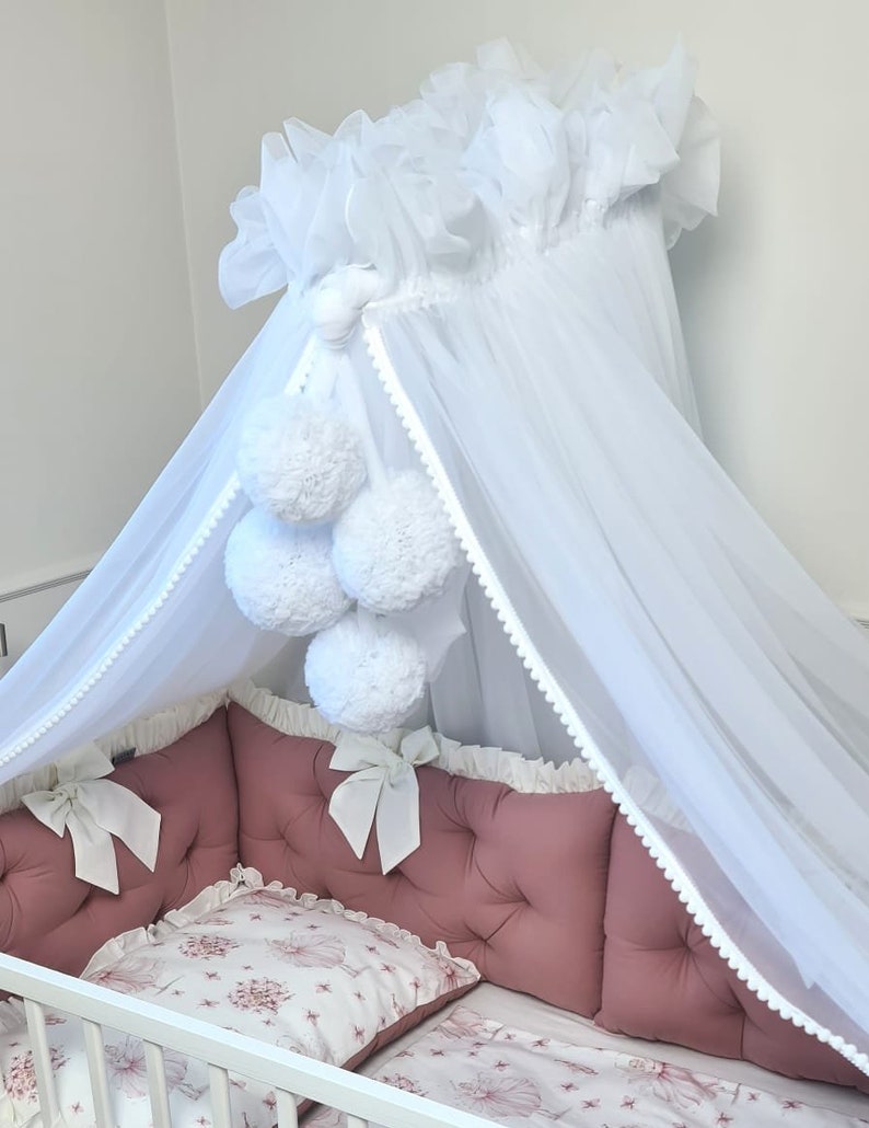 Canopy Bed, Baby Baldachin, 4 Pompoms Garland, Metal Handle, Baby Crib Canopy, Bed Baldachin, Crib Canopy for Kids Room, Tulle canopy White set