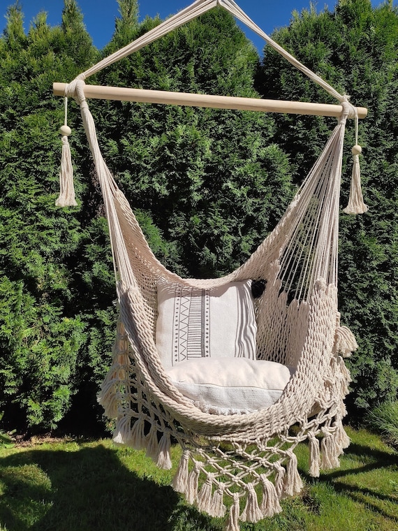 Luksusowy Wiszący Fotel Hamakowy, Krzesło Boho Makrama Frędzle, Wiszące Krzesło, Hamak Bawełniany, Boho Hamak Makrama, Krzesło Brazylijskie