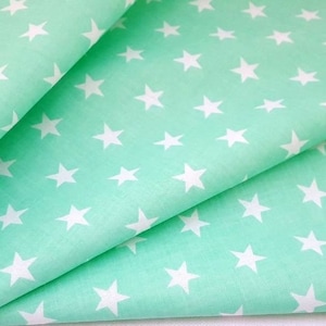 White stars cotton fabric, stars on mint background, stars fabric, mint and white fabric, 100% cotton, fabric by the yard 50x160cm/0.55 yd image 1