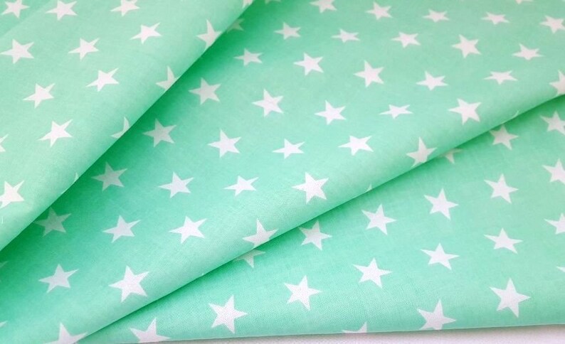 White stars cotton fabric, stars on mint background, stars fabric, mint and white fabric, 100% cotton, fabric by the yard 50x160cm/0.55 yd image 1