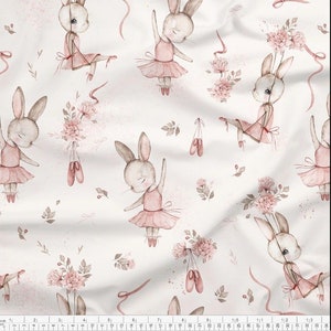 Bunny ballerina, Cute Bunnies in Flowers Premium Cotton Fabric, Rabbits Fabric, Spring Fabric, kids fabric, digital print image 1