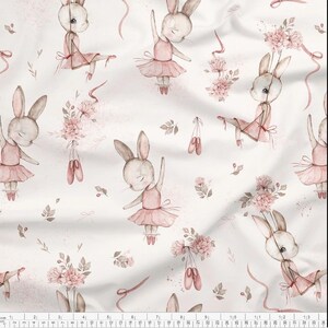Ballerina-konijnen, schattige ballerina-konijnen, premium katoen, bloemenstof, lentestof, dierenstof, digitale print