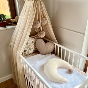 Dosel de tul para niño, 4 pompones, asa de metal, dosel para cuna, dosel con pompones para habitación infantil