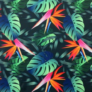 Monstera Leafs Italian Velvet Fabric, Strelitzia flowers, Upholstery fabric, Tropical floral fabric, Home Decor, Digital Print Fabric