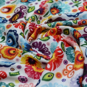 Folk Flowers, Bamboo Muslin, Bamboo Viscose, Swaddle Muslin Fabric, Nursery Decor Bedding, by the half meter