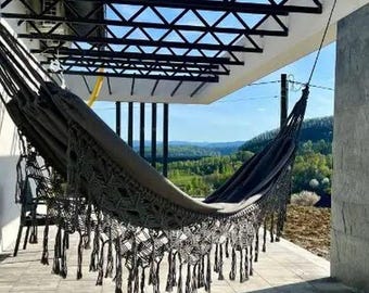 Ecru/Graphite Luxury Hammock with macrame, Boho Brazilian Hammock, Premium Double Hammock, Handmade, Cotton Hammock 150x280cm/59x110"