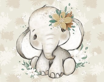 May include: A cute cartoon elephant with a floral crown, sitting on a light green background with white flowers.