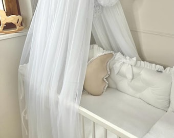 Dosel de tul para niña, pompones, estructura metálica, dosel para cama infantil, dosel para habitación infantil de tul.