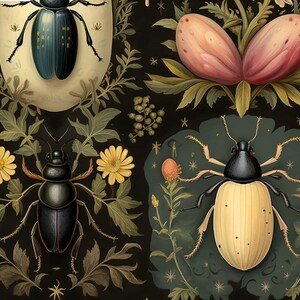 Może przedstawiać: Winietkowa ilustracja botaniczna przedstawiająca trzy chrząszcze o skomplikowanych detalach. Chrząszcze otoczone są bujną zieloną roślinnością, delikatnymi kwiatami i r&oacute;żowym pąkiem kwiatowym.