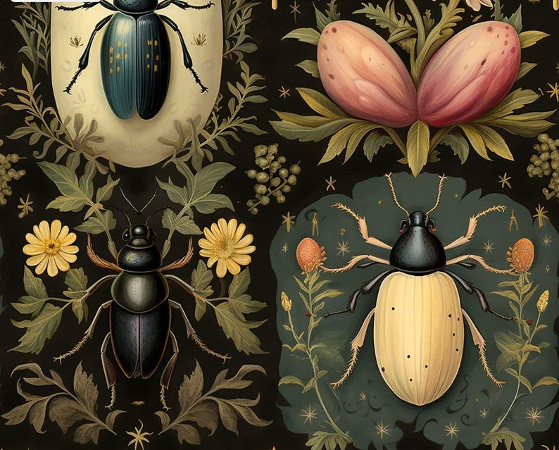 Może przedstawiać: Winietkowa ilustracja botaniczna przedstawiająca trzy chrząszcze o skomplikowanych detalach. Chrząszcze otoczone są bujną zieloną roślinnością, delikatnymi kwiatami i r&oacute;żowym pąkiem kwiatowym.