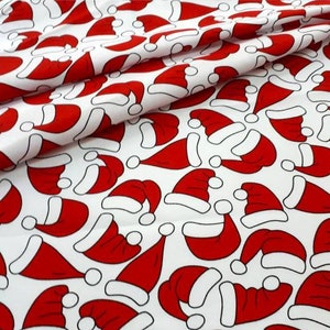 Santa&#39;s hats cotton fabric, Santa Claus&#39; hat fabric, Christmas fabric, red-white Santa&#39;s hat, Christmas print, Christmas motif 50cm/0.55yd