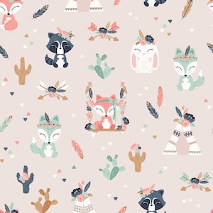 Bohemian Friends Cotton Fabric, Boho Forest Animals, Tribal Woodland Fabric for girl, Boho Animals, kids fabric high quality cotton