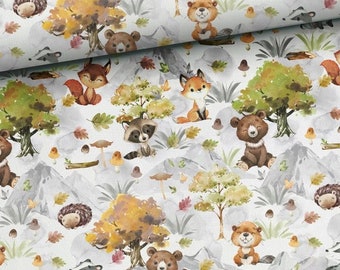 Mountain Animals Cotton Fabric by the half yard, Woodland Fabric, Forest Animals, kids fabric, bear raccoon badger hedgehog beaver fox