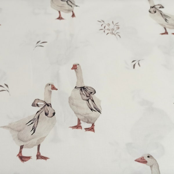 tissu en coton premium oies, mignons oies sur fond blanc en coton premium, tissu pour enfants, motif oiseaux, impression numérique, coupé au mètre